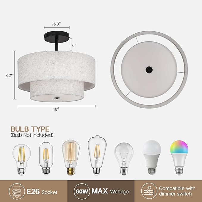 18 Inch Large Semi Flush Mount Ceiling Light Fixture with Dual Drum Design, Farmhouse Fabric Linen Shade for Bedroom, Living Room, Kitchen, and Dining - Modern Chandelier Lamp - Aura Lighting