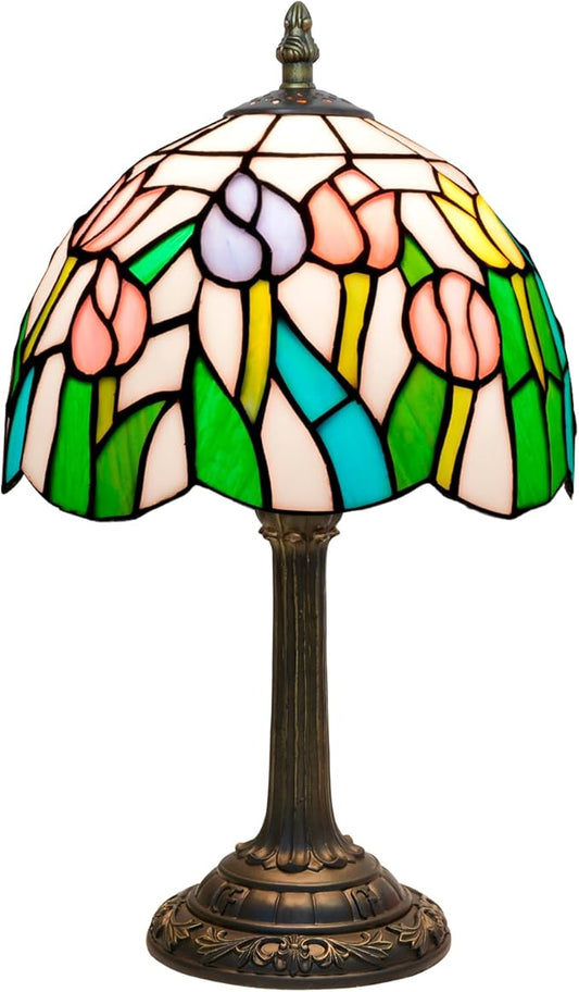 Tiffany Table Lamp Pink Yellow Tulips Stained Glass Lamp Handmade Bedside Table Night Unique Cute Accent Nightstand Light Antique Art Craft Gifts Lamp for Home Office Dormitory Bar Decorate