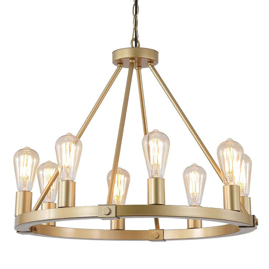 23.6“ 8 Lights Golden Wagon Wheel Chandelier, Large Luxury Kitchen Island Pendant Light for Living Dining Room Foyer Entryway,Height Adjustable,E26.