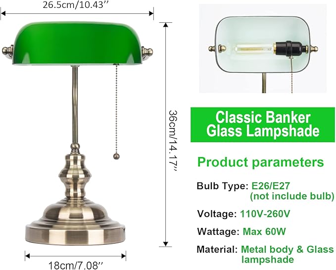Green Glass Bankers Desk Lamp,Antique Desk Lamps with Brass Base, Traditional Library Lamp with Pull Chain, E26 Base, Vintage Desk Lamp for Office, Study Room