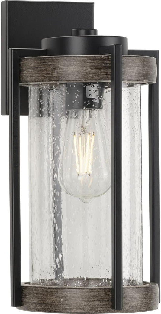 Whitmire Collection 1-Light Clear Seeded Glass Light Aged Oak Accents Farmhouse Outdoor Wall Lantern Light Matte Black