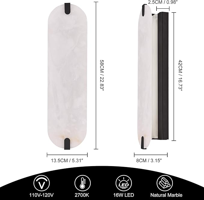 ZEROUNO 22.8in Alabaster Wall Sconce, Natural Marble Wall lamp,Dimmable Alabaster Wall Light Fixtures for Stairs Bathroom Living Room Bedroom or Vanity,Hallway(Black