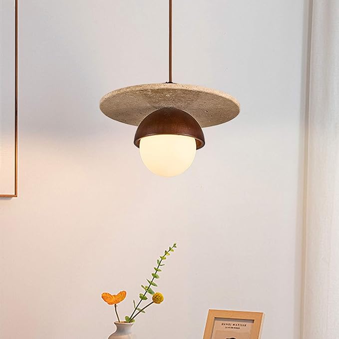 Wabi Sabi Pendant Light With Natural Stone Shade, Modern Walnut Wood Decoration Hanging Light, Yellow Travertine Pendant Lamp For Farmhouse Kitchen Island