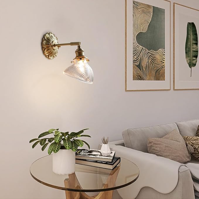 Elegant Brass Wall Sconce Modern Adjustable Home Decor Lighting Fixture with Striped Green/Clear Glass Shade, Japanese-Style Wabi Sabi Polished Brass Hardwired Sconces for Bedroom