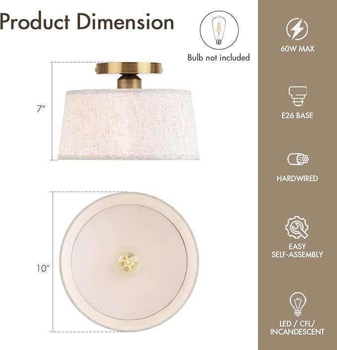 2P Modern Ceiling Light Fixture, 10 Inch Semi Flush Mount Lamp with Linen Shade, E26 Base, Gold for Kitchen Bedroom Hallway Closet Entryway Room Small Spaces, 2 Pack - Aura Lighting