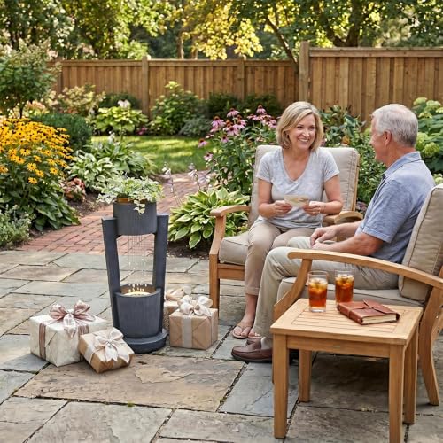 33" H Modern Outdoor Water Fountain Cascading Realistic Rock Waterfall Fountains with LED Lights Outdoor Water Fountain for Garden Patio Backyard Porch Home Decor Gold