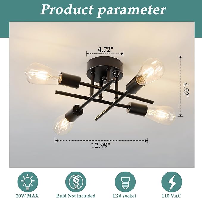 ZGLAOJT Indoor Ceiling Light with Motion Sensor 4 Light Semi Flush Mount Ceiling Light Black Matte with E26 Base Modern Chandelier for Farmhouse Kitchen Dining Room Bedroom Study Living Room.