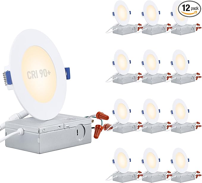 TORCHSTAR Basic Series 12-Pack 4 Inch Ultra-Thin LED Recessed Lighting with Junction Box, CRI90, Aluminum, 3000K Warm White, 5%-100% Dimmable Slim Recessed Downlight, 9W 810LM, ETL and Energy Star