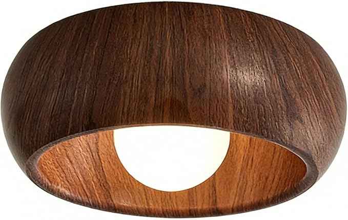 Modern Wood Grain Flush Mount Ceiling Light, Round Wabi-Sabi Style Ceiling Lamp, Minimalist Metal and Glass Fixture for Hallway, Entryway, Balcony, Japanese Decor Light(Dark Wood)