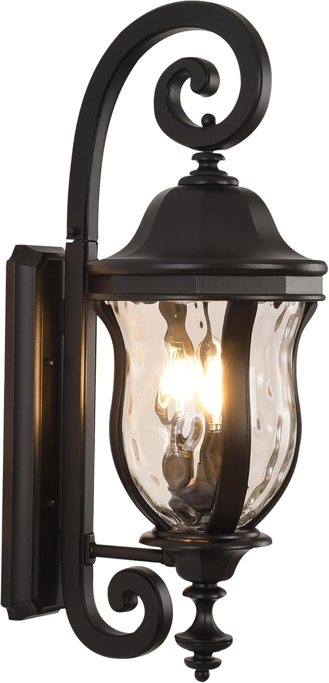 Black Exterior Wall Sconces, 28" H Large Outdoor Wall Light Fixtures with Water Glass, Waterproof Outdoor Lights Wall Mount with Decorative Patterns for Porch, Front Door