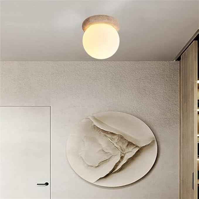 E26/E27Natural Yellow Travertine Semi Flush Mount Ceiling Light, 6-Inch Round Frosted Glass Globe, E26 Wabi-Sabi Japandi Style, Modern Minimalist Decor or Hallway, Entryway
