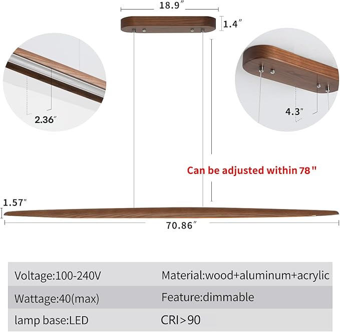 71" Wood Linear Pendant Light Wood Linear Dinning Room Light Island Lights LED Dimmable Chandelier 40w for Dining Room Billiard & Pool Table Walnut Color - Aura Lighting