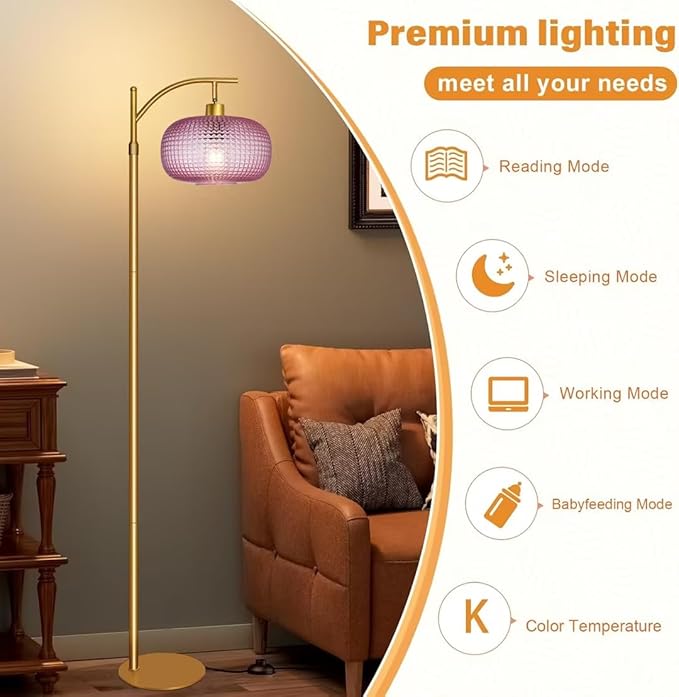 Glass Floor Lamp for Living Room, Modern Tall Standing Lamp with Pink Glass Lamp Shade, Dimmable Gold Tall Floor Lamp for Bedroom Office with Remote Control, 1 x 12W LED Bulbs Included