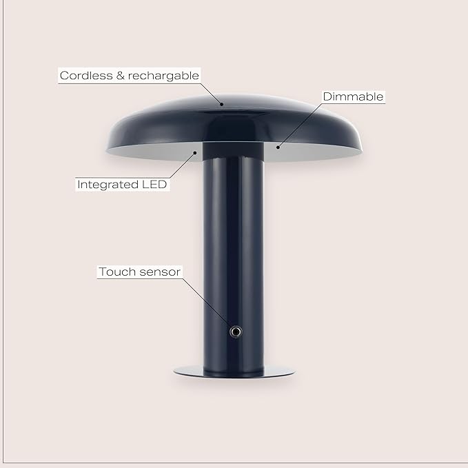 JONATHAN Y 11" Navy Rechargeable LED Mushroom Table Lamp, Cordless Portable Dimmable Mid-Century Modern Accent Lamp, with Metal Shade, Touch Sensor (JYL7114F)