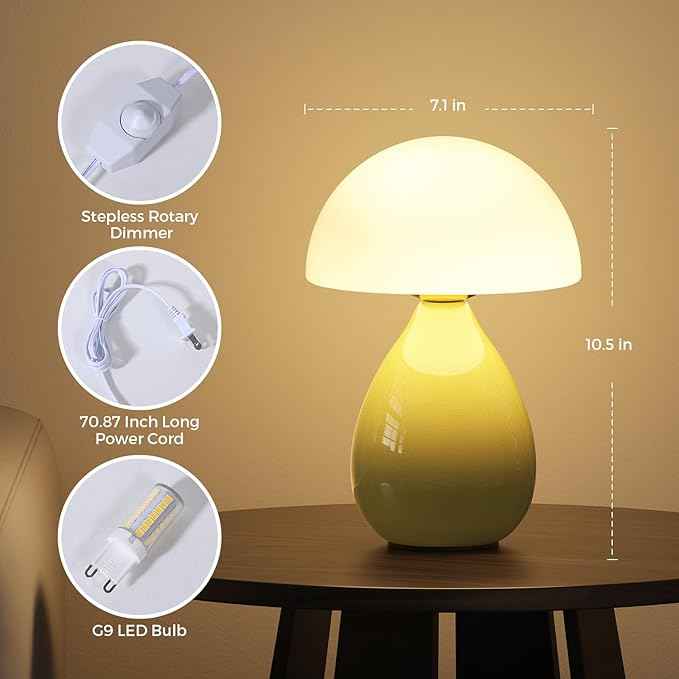 Mushroom Lamp, Vintage Small Table Lamp for Bedroom, Ice Crack Ceramic LED Night Light for Kids, Mid Century Modern Bedside Lamp for Nightstand, Living Room, Home Decor Gift Ideas for Women, Yellow