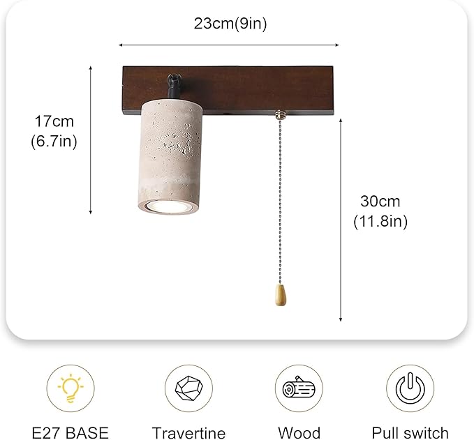 Modern Yellow Travertine Wall Lamp, Japanese Style Wabi Sabi Light Fixture with Stone Shade Pull Switch Wood Base, Adjustable Natural Marble Wall Sconce for Bedside Bedroom Study(Walnut)