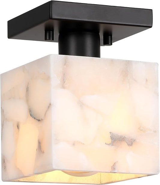 JONATHAN Y 5" White Marbling/Black Modern 1-Light Semi Flush Mount Ceiling Light for Bedroom, Cube White Alabaster Marble Shade, Mid-Century Minimalist Fixture, LED Bulb Included (JYL1202B)