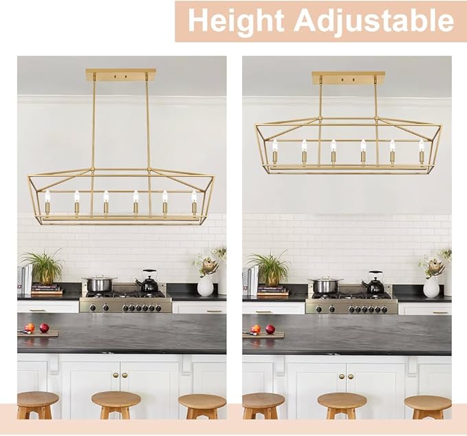6-Light Kitchen Island Lighting, Gold Linear Chandelier Dining Room Over Table, Rectangle Pendant Light Fixtures Golden Finish for Living Room