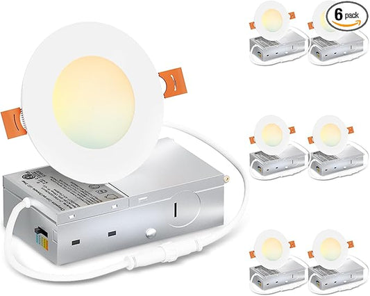 LVWIT Recessed Lighting 3 Inch, Ultra-Thin LED Ceiling Lights 550LM 2700K-5000K 5CCT Dimmable Canless Recessed Lights Wafer Led Lights for Kitchen Bedroom, ETL,FCC&IC, 6 Pack