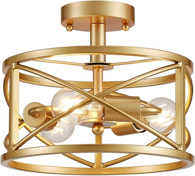 WUZUPS Chandelier 3-Light Vintage Farmhouse Industrial Semi-Flush Mount Ceiling Light Modern Lighting Fixture for Foyer Bedroom Hallway Storage Room Kitchen Bathroom, H 9.4" x W 12", E26 Base, Gold