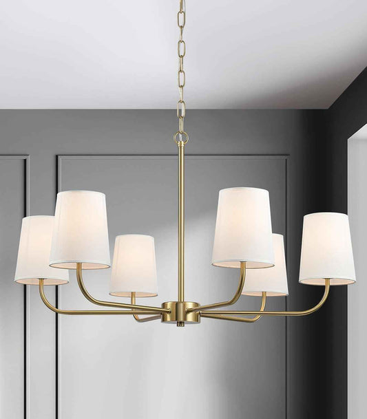 6-Light Brushed Gold Pendant Chandelier with White Linen Shades, E12 Base - Farmhouse & Industrial Style for Kitchen, Living Room, Dining Room, or Bedroom Lighting