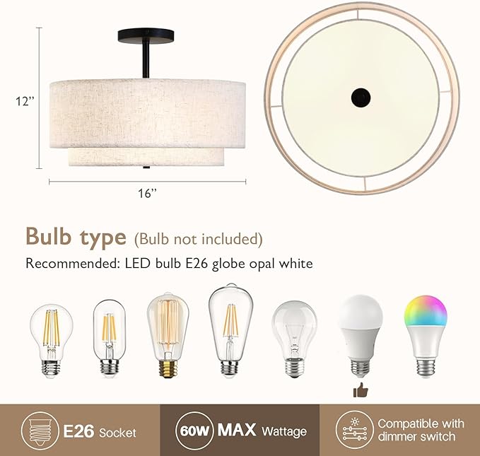16" Double Drum 3-Light Semi Flush Mount Ceiling Light, Classic Fabric Linen Shade Design for Living Room, Bedroom, Kitchen, Dining Room, Hallway and Entryway - Aura Lighting