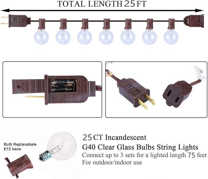 SUNSGNE 25Ft Globe String Lights with 27 Clear G40 Bulbs, Natural Warm Bulb Hanging Umbrella Lights for Backyard Patio Garden Party Cafe Indoor Outdoor Decor-Brown