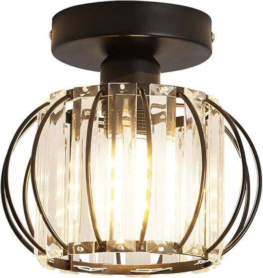 YYJLX Semi Flush Mount Ceiling Light Fixture Antique Small Crystal Chandelier Indoor Lighting for Bathroom Hallway Cafe Bar Porch Hall（Black）