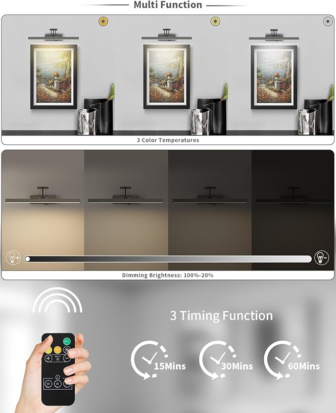 Rechargeable Lights for Pictures on Wall Battery Operated Brushed Grey 15.7 Inch Wall Lights with Swing Arm and Timer Function Cordless Art Light with Remote Timer for Paintings,Gallery