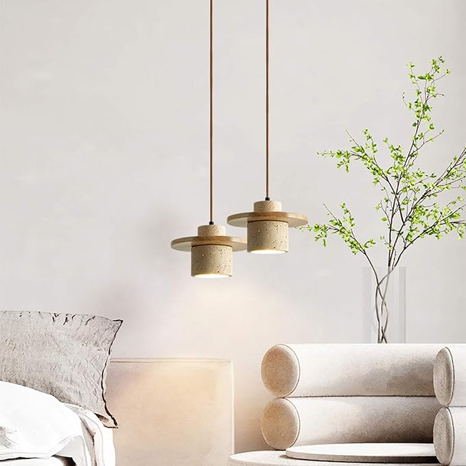 Wabi Sabi Black Natural Stone Pendant Light Travertine Lampshade Nordic Style Solid WoodNatural Yellow Travertine Hanging Lamp Dining Room Kitchens Island Hanging Lights