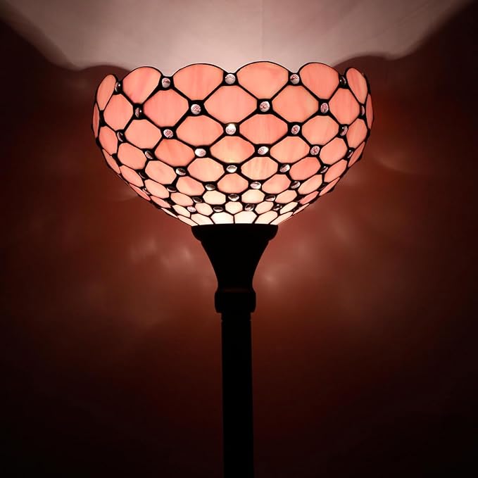Tiffany Lamp Shade Replacement 12X6 Inch Stained Glass Lampshade Only 1-5/8-Inch Fitter Opening for Arched Floor Lamp, Torchiere Lamp, Pendant Light (Pink Pear Bead)