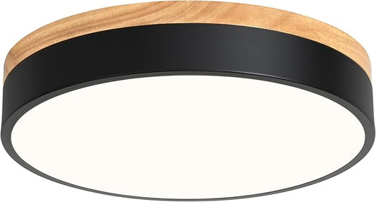 Dimmable Wood LED Flush Mount Ceiling Light, 5CCT 2700K-6000K Modern Black Close to Ceiling Lighting Fixtures, Minimalist Round Ceiling Lamp for Bedroom, Kitchen, Hallway, Laundry Room - Aura Lighting