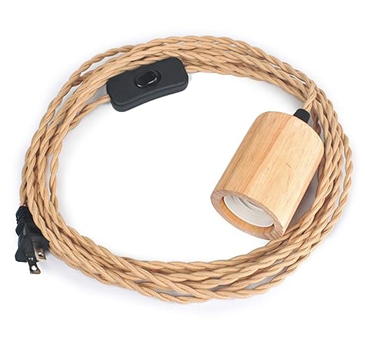 Arturesthome Wood Pendant Light Cord Kit with Switch,16.4FT Vintage Industrial Hanging Light Plug in Lamp Cord with Twisted Nylon Rope Pendant Lights Socket E26 E27 for Farmhouse Lamp Cable Retro DIY