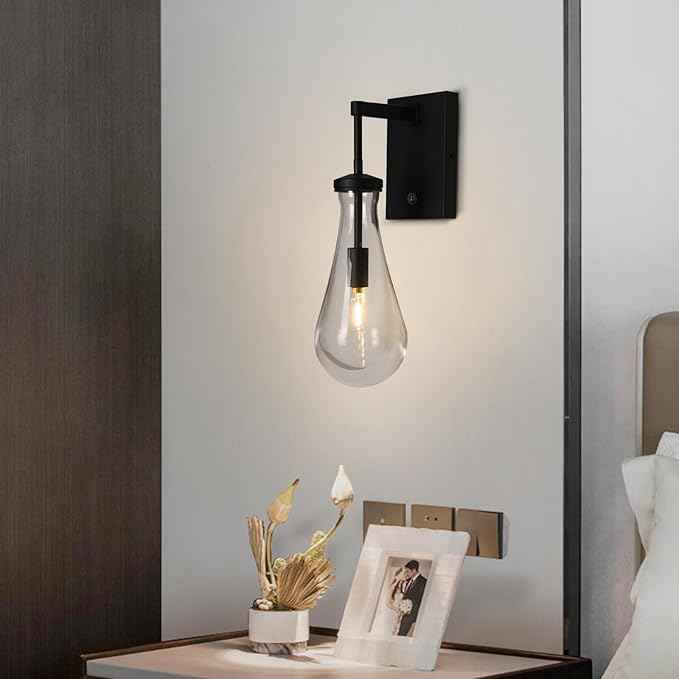 HuisMier Raindrop Wall Sconces, Black Wall Sconces with On/Off Switch, Modern Clear Glass Wall Lamp Vanity Light Fixtures for Bathroom Bedroom Living Room Hallway, Hardwired