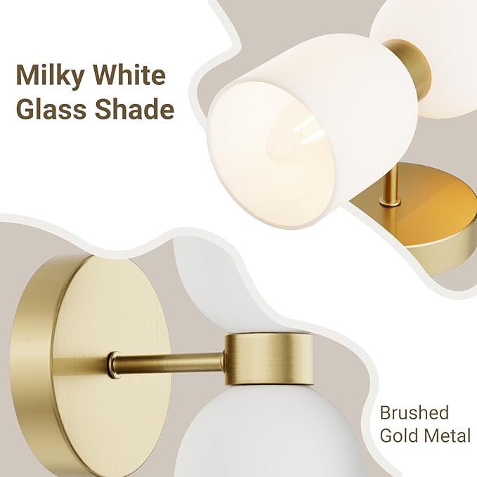Tiapce 2 Light Modern Bathroom Light Fixtures Over Mirror,Brass Finish Vanity Lights for Bathroom Wall Sconces with Milky White Glass Shades,E12 Socket (Bulbs Not Included)