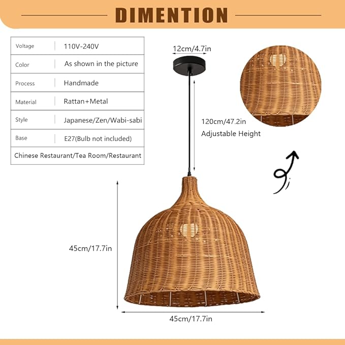 Rattan Pendant Light, Japanese Wabi-Sabi Bell Wicker Chandelier, Zen Handwoven Hanging Lamp, Farmhouse Kitchen Island Lighting Fixture,for Chinese Restaurant Tea Room Hotel Coffee Shop, E27