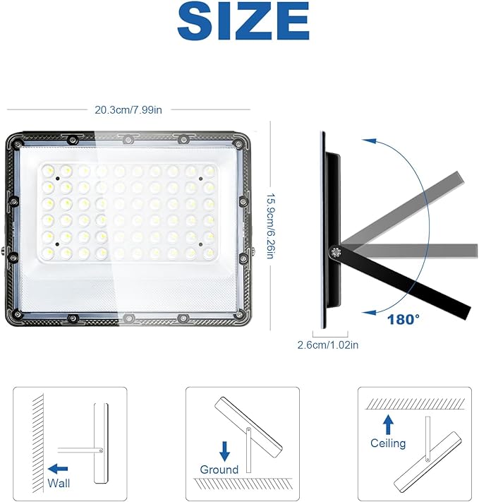 100W Flood Lights Outdoor, 15000lm Bright LED Work Light with Plug, 5000K Daylight White Outdoor Lights, IP65 Waterproof Security Lights for Yard Garage Stadium Playground 2 Pack AC100-120V Voltage