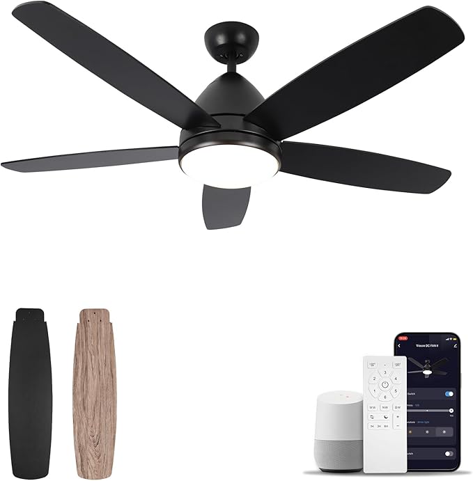 Smart Ceiling Fan with Light, 52 Inch Modern Black Outdoor Ceiling Fan and Remote/App, Dimmable Tri-Color LED and Reversible Motor for Indoor Bedroom/Outdoor Covered Patio - Aura Lighting