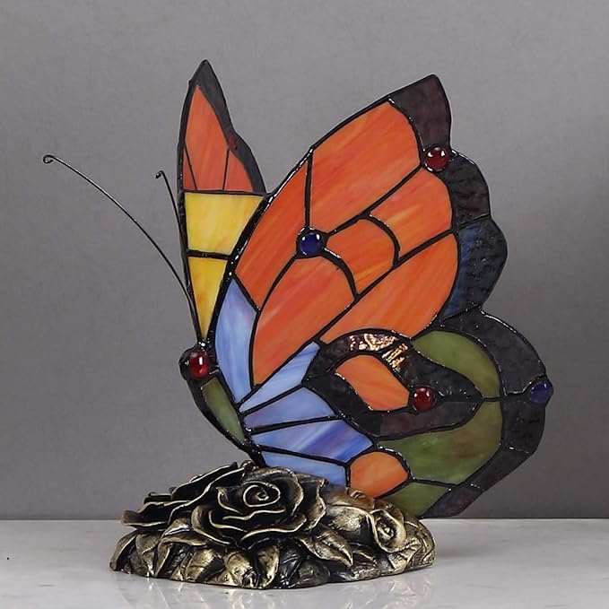 Bieye L10038 Butterfly Tiffany Style Stained Glass Accent Table Lamp Night Light, 9 inches Tall