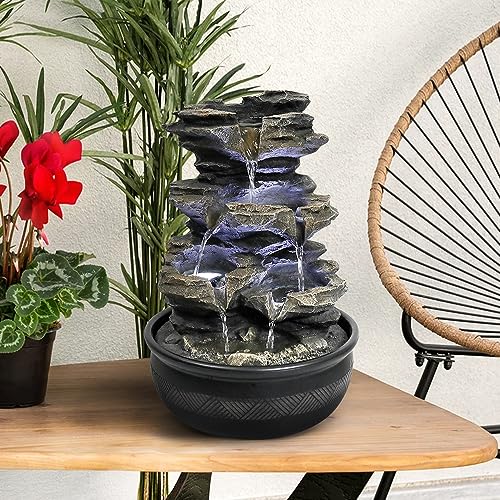 15.7” High Rock Falls Tabletop Water Fountain with LED Lights