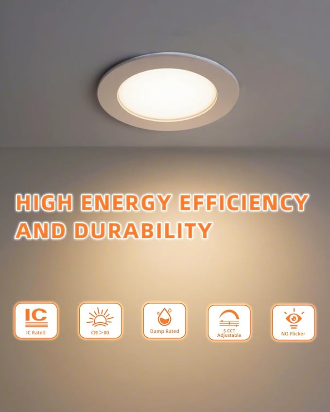 ZYC recessed Lighting 6 inch - 12W 1100LM High Brightness,5CCT 2700K-5000K Selectable,Ultra-Thin LED Recessed Ceiling Light,Dimmable Canless Wafer Downlight,Pack of 6 Brushed Nickel.