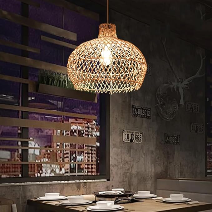15.7in Rattan Lantern Pendant Light, Wabi Sabi Retro Chandelier,Zen Handwoven Hanging Lamp,Natural Living Room Fixture with Adjustable Height,for Bedroom Dining Room Tea Room Island