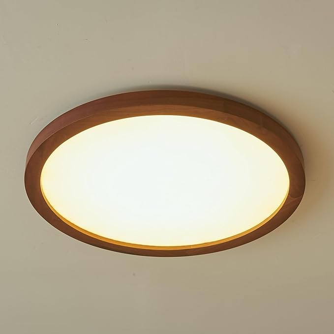 Ultra-Thin LED Ceiling Light Fixture 20.47", Handcrafted Walnut Wood Modern Wabi-Sabi Style, Slim 2.5cm Profile, 37W LED 3000K-4000K-6000K, Round Minimalist Lamp for Bedroom Kitchen Hallway