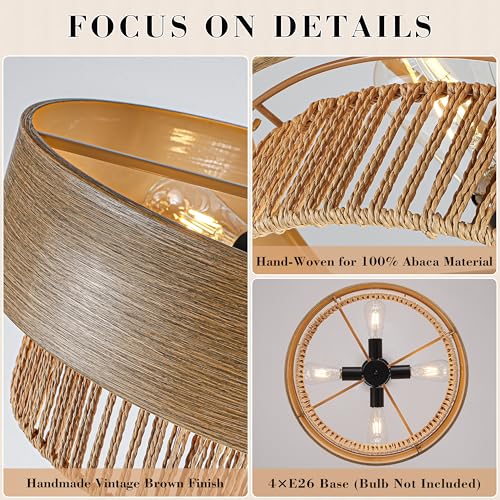 19.6" Large Wood Texture Drum Chandelier for Dining Room with Woven Rattan