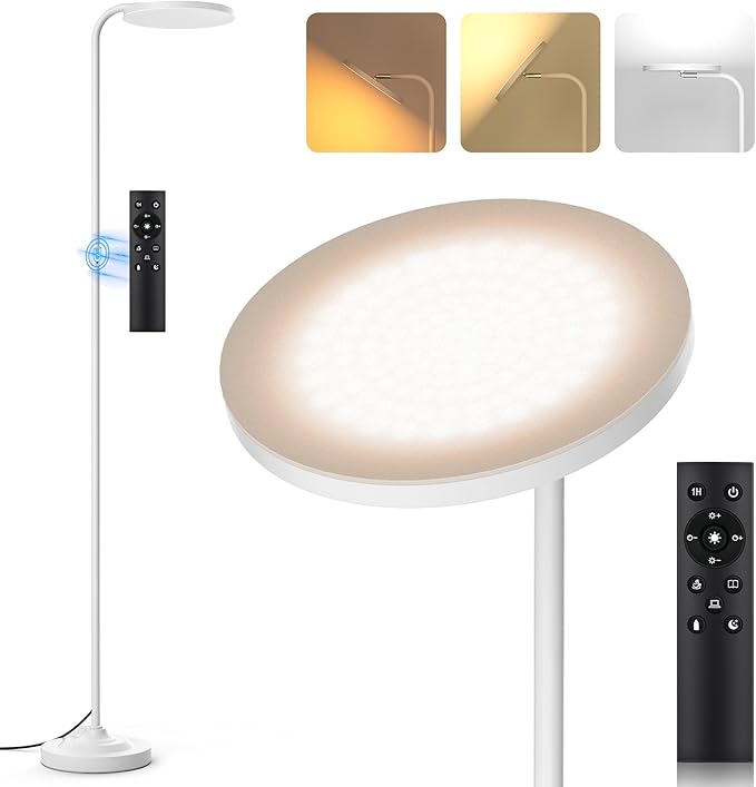 36W LED Floor Lamp, Super Bright Standing Lamp, Modern Stepless Dimmable Torchiere Tall Lamp with Remote Control, 350°Rotating Head Reading Floor Lamp for Living Room, Bedroom, Office - White - Aura Lighting