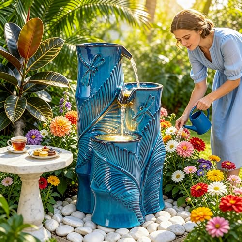 Autodaya Tropical Turquoise Ceramic Outdoor Water Fountain with Lights