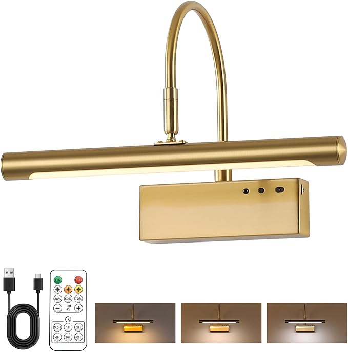 Wireless LED Picture Light, Coredless Art Lighting for Wall, Brass Battery Frame Light with Remote, 3 Color Tone & Dimmable,12 inch Wall Decor Light for Art Display,Hallway,Study Room