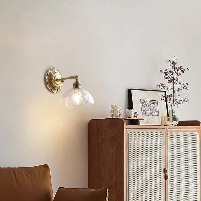 Modern Brass Wall Sconce Flower-Shaped Water Pattern Glass Wall Light Fixture Adjustable Bedside Wall Lamp, Japanese Style Wabi Sabi Polished Brass Wall Sconces for Bedroom Living Room