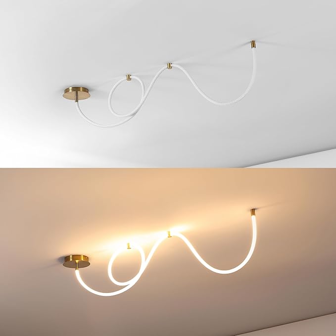 JONATHAN Y 55" Brass Gold Modern Minimalist Linear LED Flush Mount Light, 360° Adjustable Silicone Neon Rope, Dimmable Lamp for Bedroom, Living Room, Home Office JYL7141A
