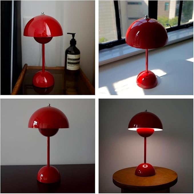 Flowerpot Lamp Modern Flower Bud 12" Cordless Touch Dimmable 2600mAh Rechargeable Desk Lamps Nordic Minimalist Mushroom Lamps Retro Nightstand Bedside Lamp for Bedroom Living Room(Vermilion Red)